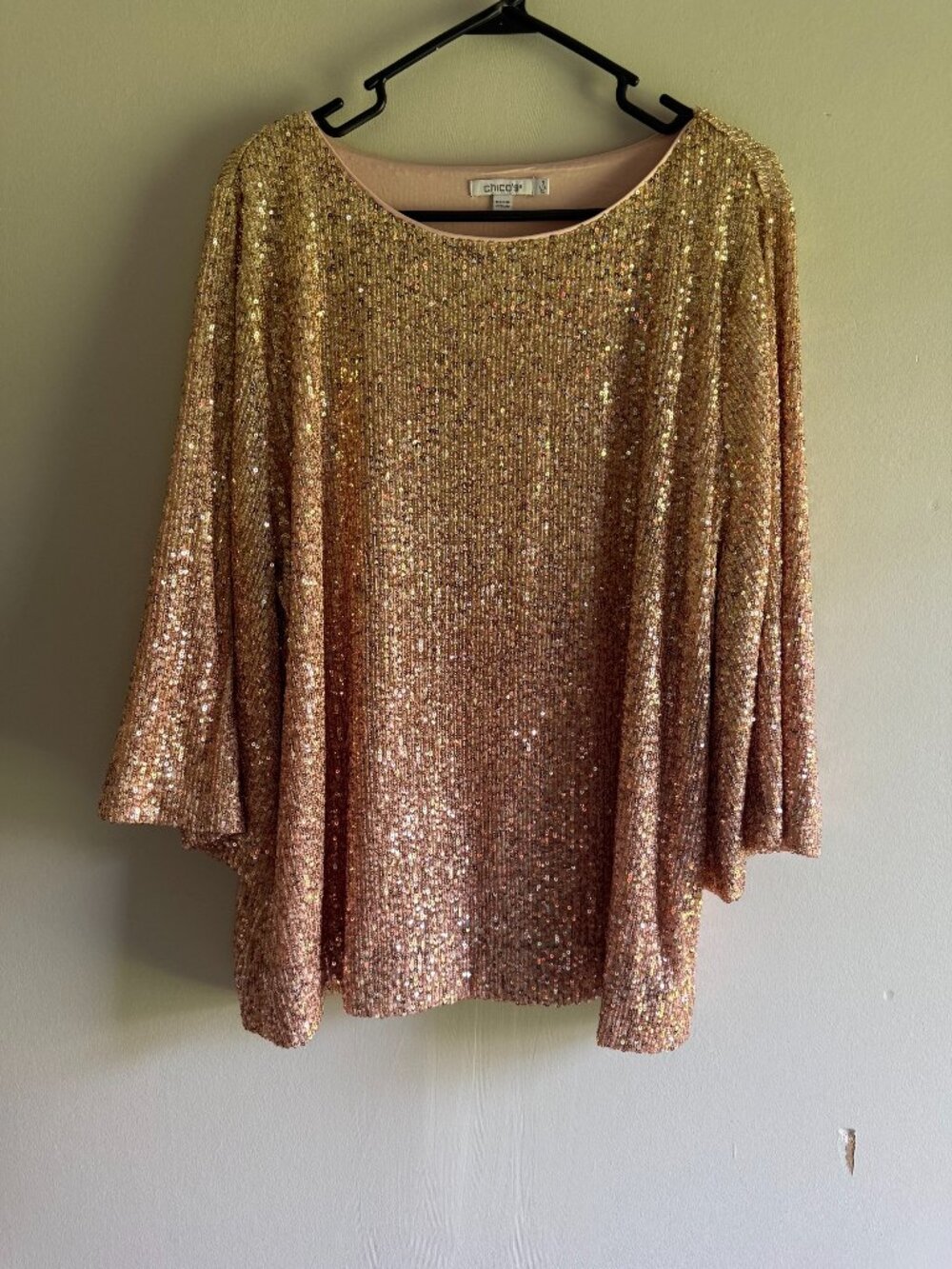 Chico's Ombré Sequin Tee Rose Gold Flutter 3/4 Sleeve Top Size 3 XL